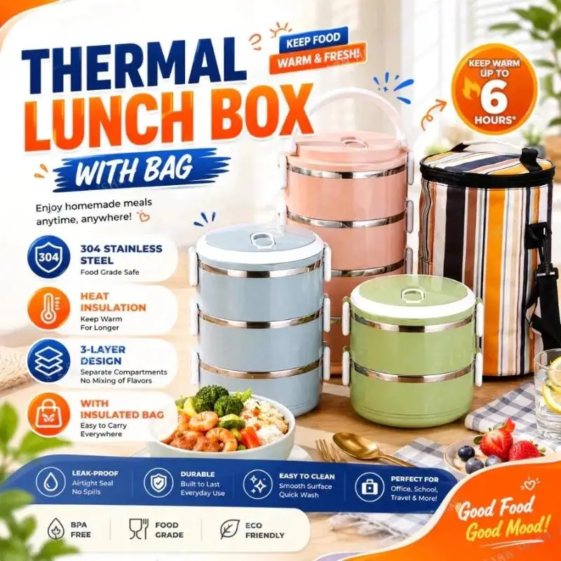Insulated 410 Stainless Steel Lunch Box Stackable Portable Reusable Thermal Food Holder for Camping Picnic Family Use