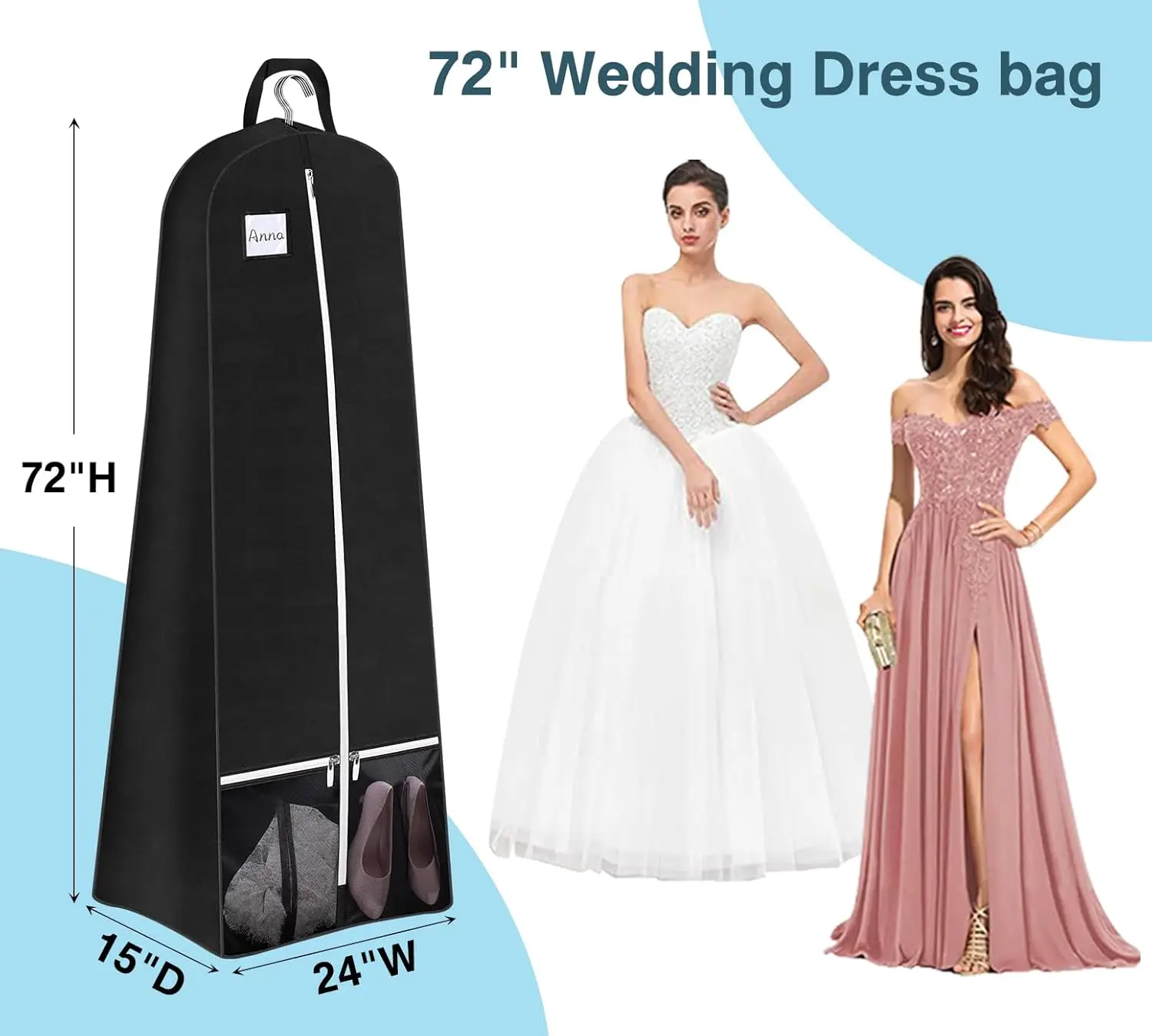 72'' Bridal Wedding Gown Dress Garment Bag 15'' Gusseted Garment Cover Shoe Pockets Travel Garment  Bag for Prom, Evening Gowns,