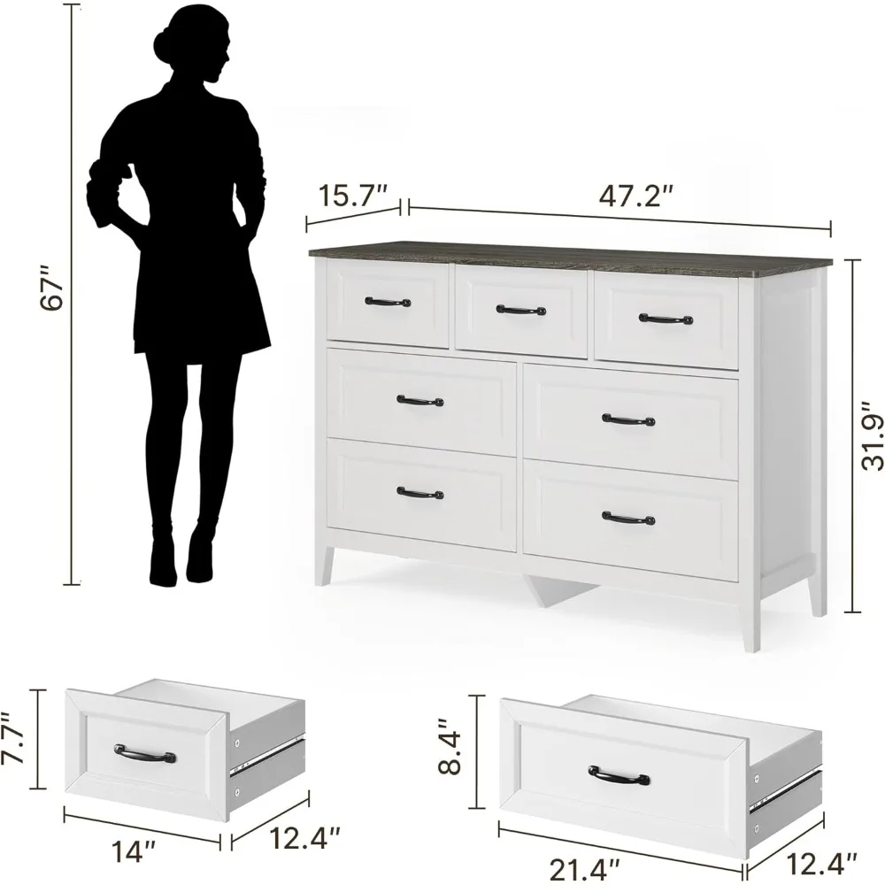 Commode blanche pour chambre à coucher avec 7 tiroirs, commodes de 47 po de largeur avec poignées en métal, meuble TV en bois pour couloir, entrée, table