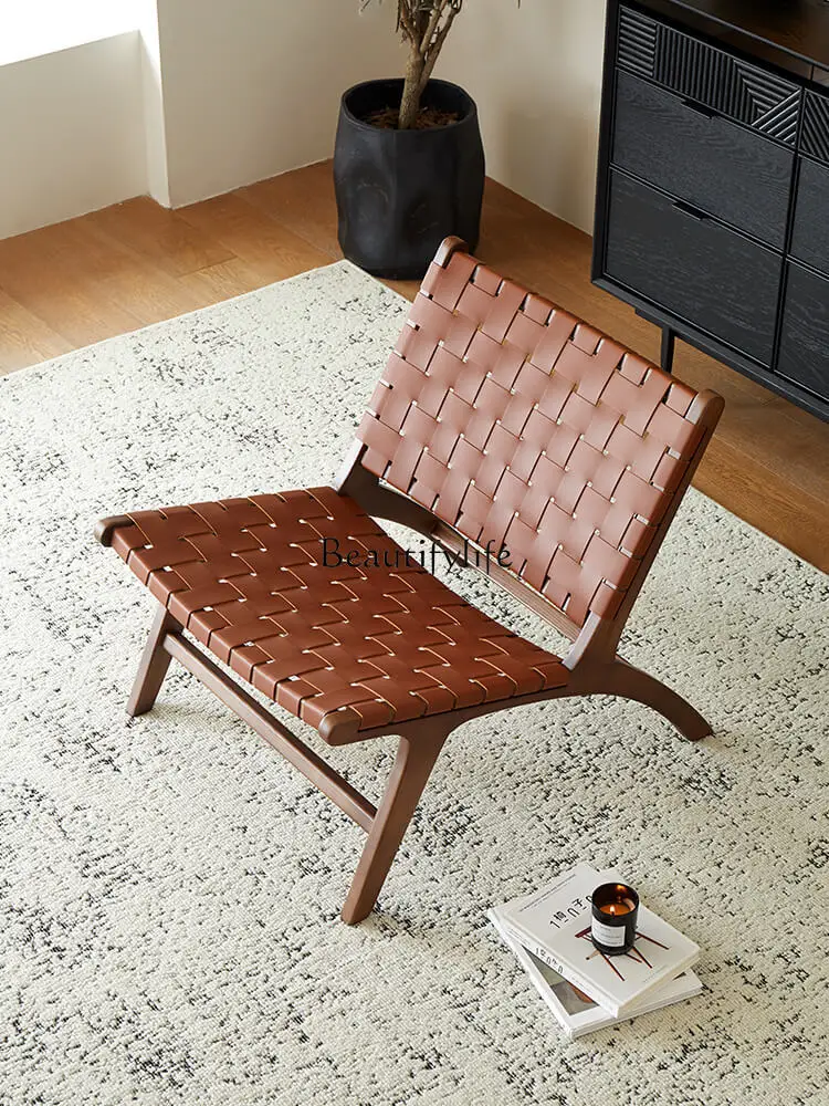 Silent Style Solid Wood Woven Single-Seat Sofa Chair Living Room Balcony Saddle Leather Chair