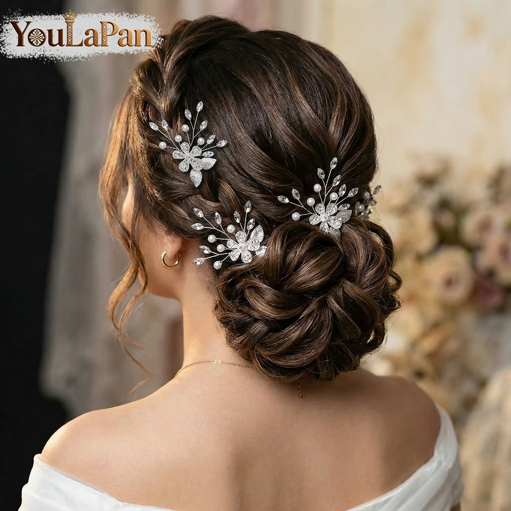 YouLaPan Elegant Alloy Flower U-shape Hair Fork Rhinestone Wedding Hairpins  Handmade Women Hair Clips Accessories HP504