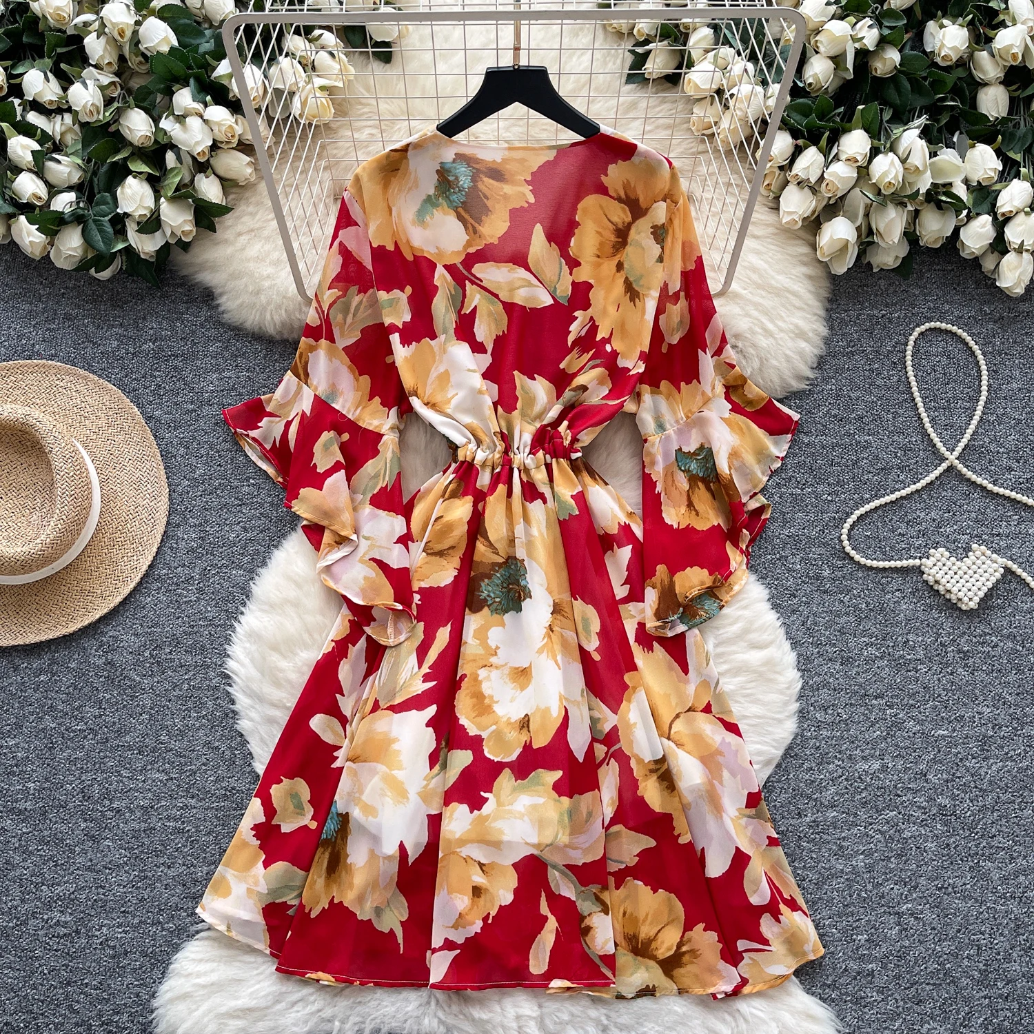 Elegancka, seksowna sukienka letnia w stylu vintage, z dekoltem w serek, szyfonowa, z nadrukiem, dopasowana, w stylu koreańskim, boho, odzież damska.