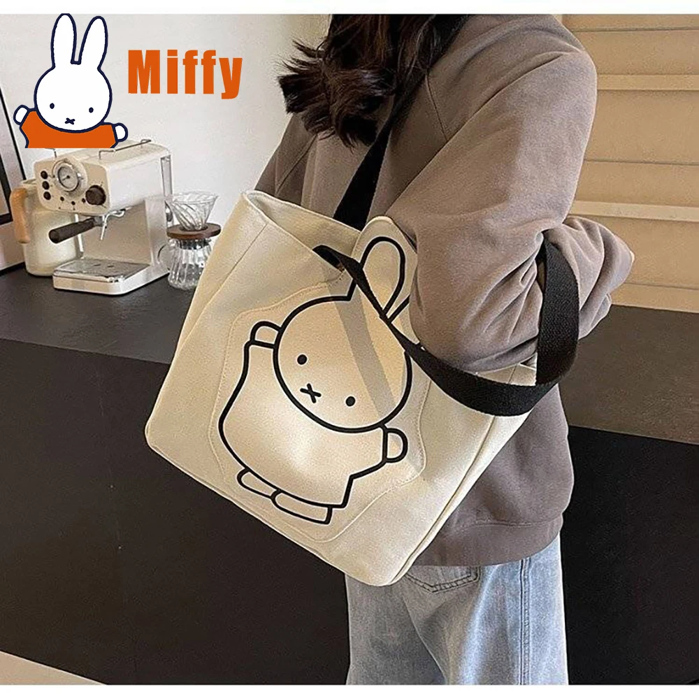 Kawaii Miffy Canvas Tote Bag Cute Rabbit Shoulder Handbag Large Capacity Durable Stylish School Travel Shopping Girl Gift