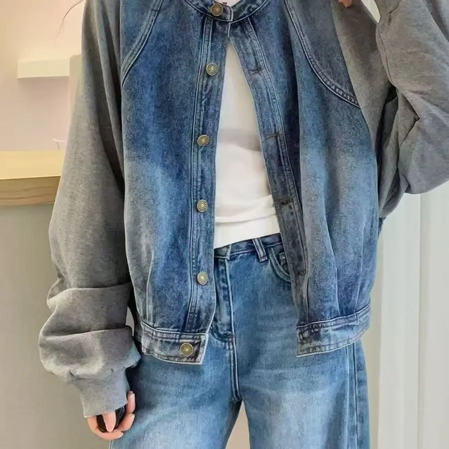 Splicing denim jacket European station 2025 new loose European foreign style top jacket stacked denim women's jacket