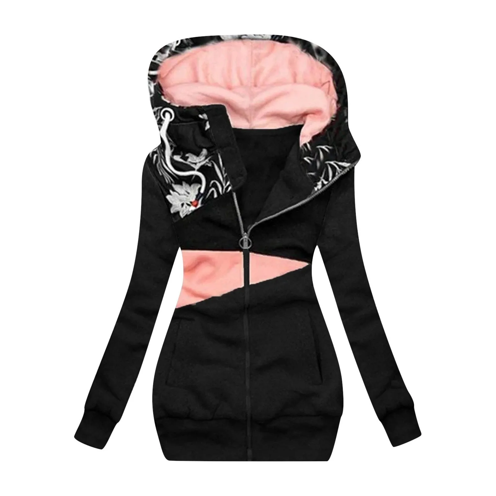 Jacket For Women Autumn Winter 2023 Sweatshirt Zipper Color Block Printed Coat Hooded Pullover Long Sleeve Jackets Ropa De Mujer