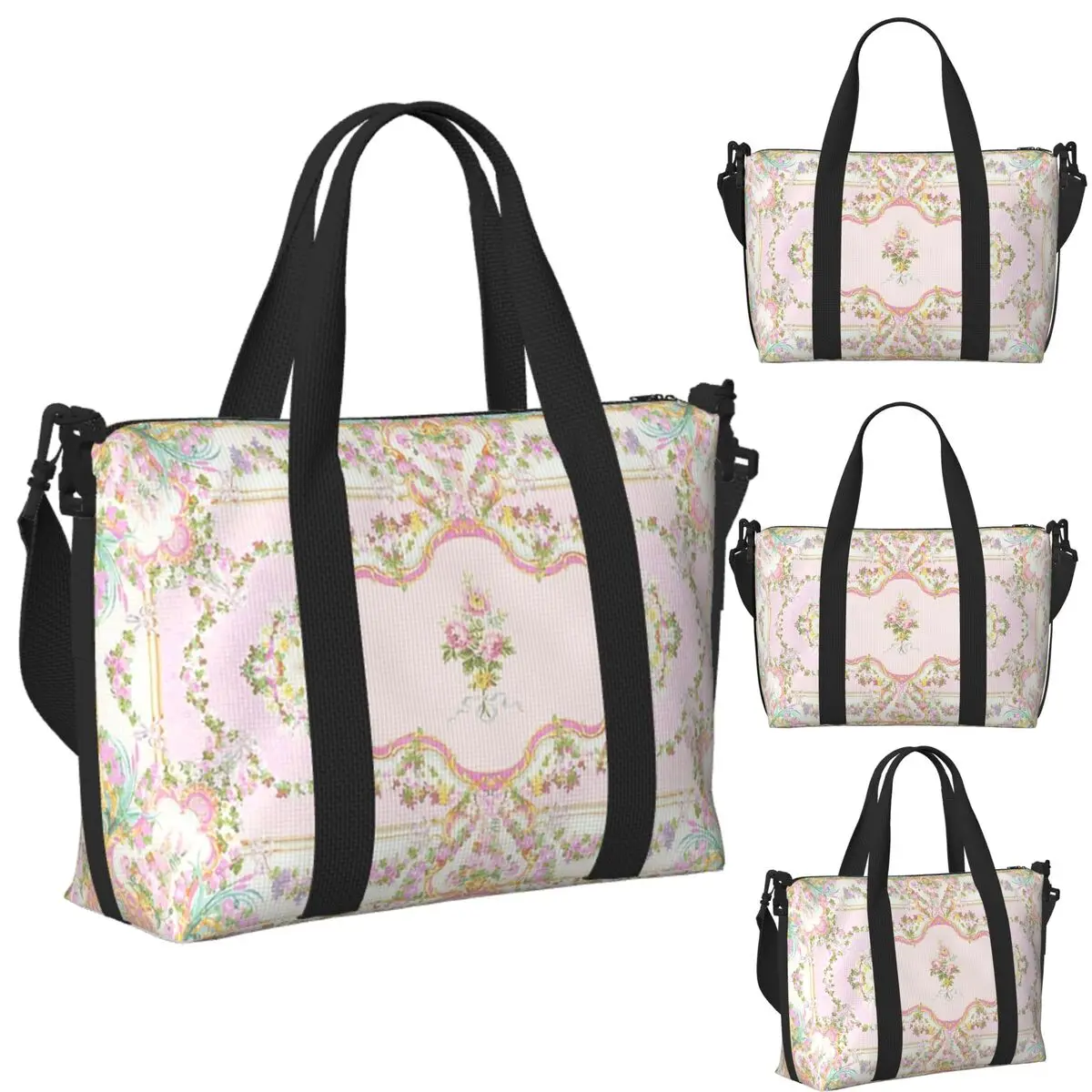 

French Rococo Floral Watercolor Panel Beach Travel Bag Large Capacity Tote Bags for Gym Yoga Women Shopping Duffle Shoulder Bag