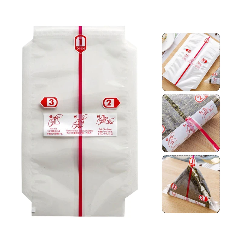 Rice Ball Packaging Bag Japanese Easy Tear Disposable Onigiri Baggies with Stickers Food Grade Triangular Shape Onigiri Wrappers