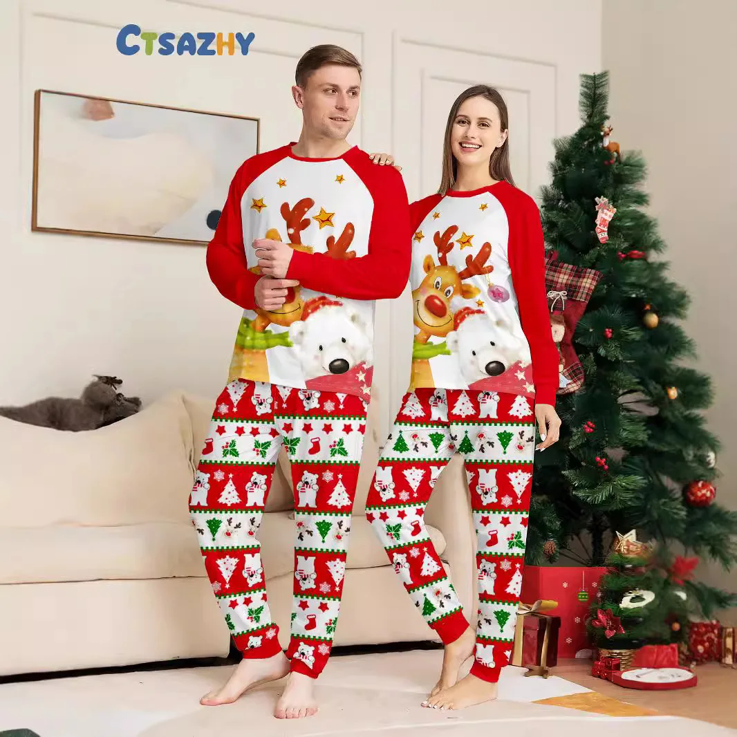 2024 Christmas family set European-style printed golden deer Polar bear family set Pajamas pajama pants 2 sets and baby jumpsuit