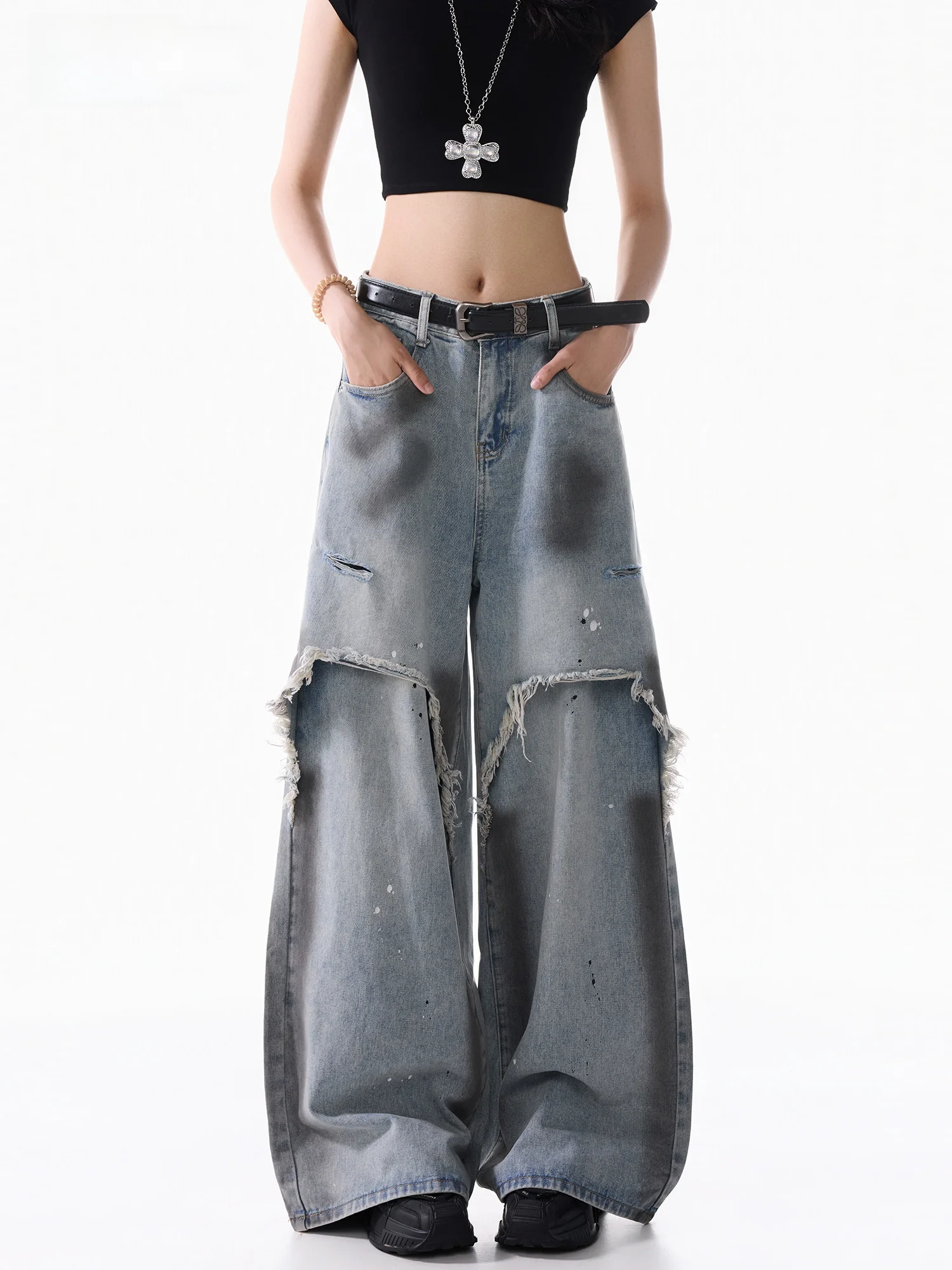 

Women's Straight Leg Wide Leg Jeans Summer New Graffiti Fake Two-Piece Design Worn-In Torn Splicing Trendy Drapey Denim
