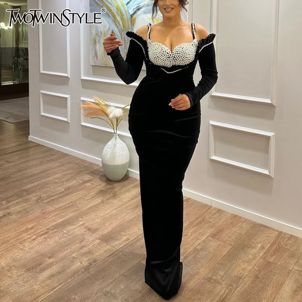 

TWOTWINSTYLE Patchwork Diamond Dresses For Women V Neck Long Sleeve High Waist Slimming Long Dress Female Fashion Clothing New