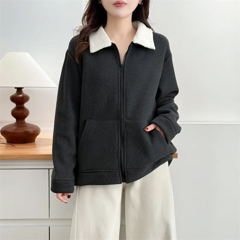 

XXXXL модная женская одежда больших размеров, флисовая куртка, зимняя простая и повседневная кардиган с лацканами и длинными рукавами, толстое пальто на молнии 2603