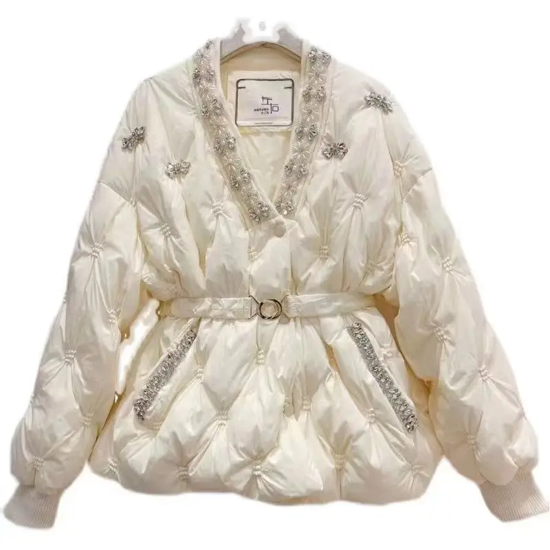 Parkas de manga larga con cuello en V para mujer, chaqueta acolchada de un solo pecho con cuentas de diamantes, abrigo informal de plumón de pato blanco, otoño e invierno, novedad de 2022