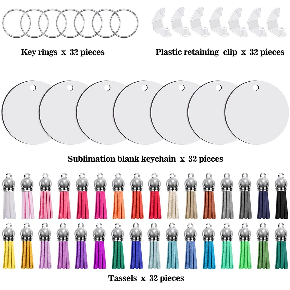 128Pcs Sublimation Keychain Blanks Set Key Rings Sublimation Blanks Heat Transfer Keychain Tassels MDF Blank-Round