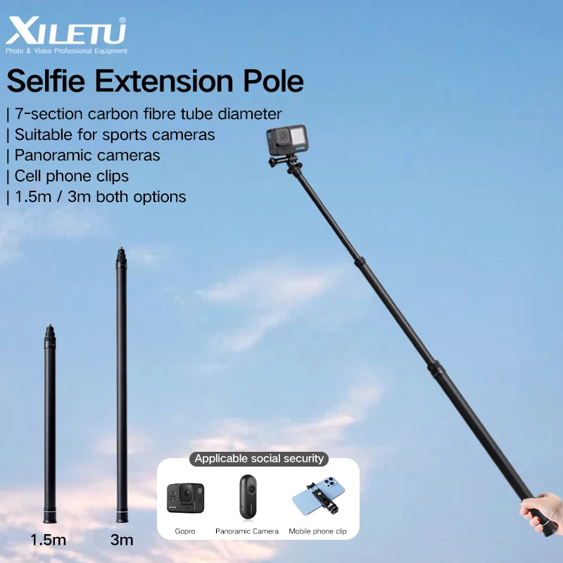 

3-meter carbon fiber extended selfie rod with telescopic 360 panoramic motion camera, mobile phone