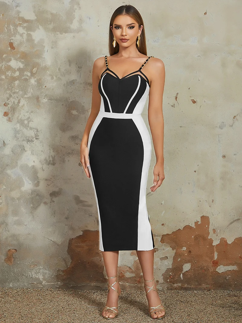 

Factory Wholesale Women's Black white color matching Spaghetti Strap Sexy Boutique Celebrity Cocktail Party Bandage Dress