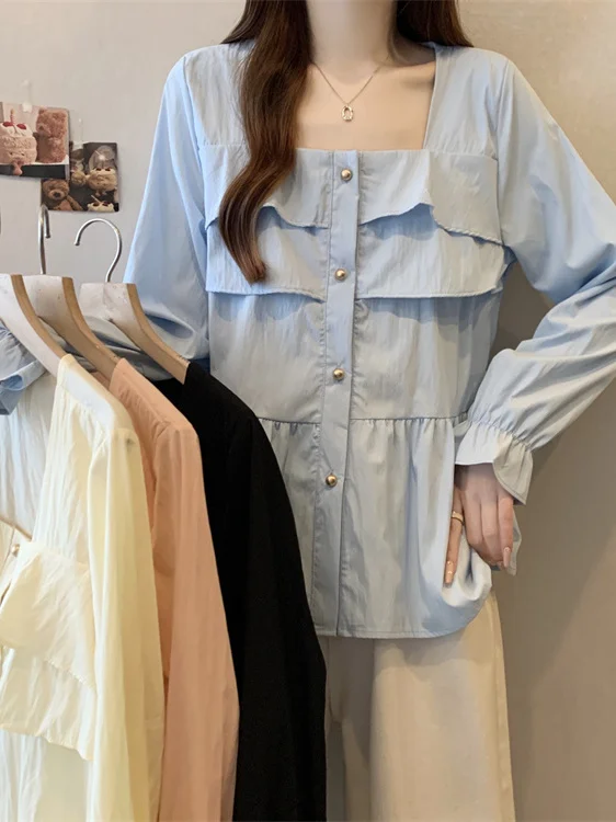 

Женская рубашка больших размеров, однотонная, с рукавами-колокол, квадратным воротником, весенне-летний повседневный топ с цветочным принтом, скрывающий недостатки фигуры, во французском стиле, L