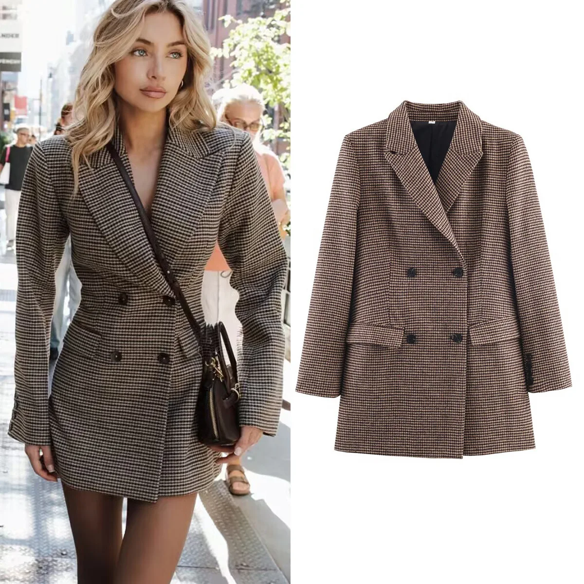 

KIDCRKJ Stylish Spring Women's Jacket Retro Lapel Long Sleeve Ladys Blazer Double-Breasted Houndstooth Mid-Length Female Coat