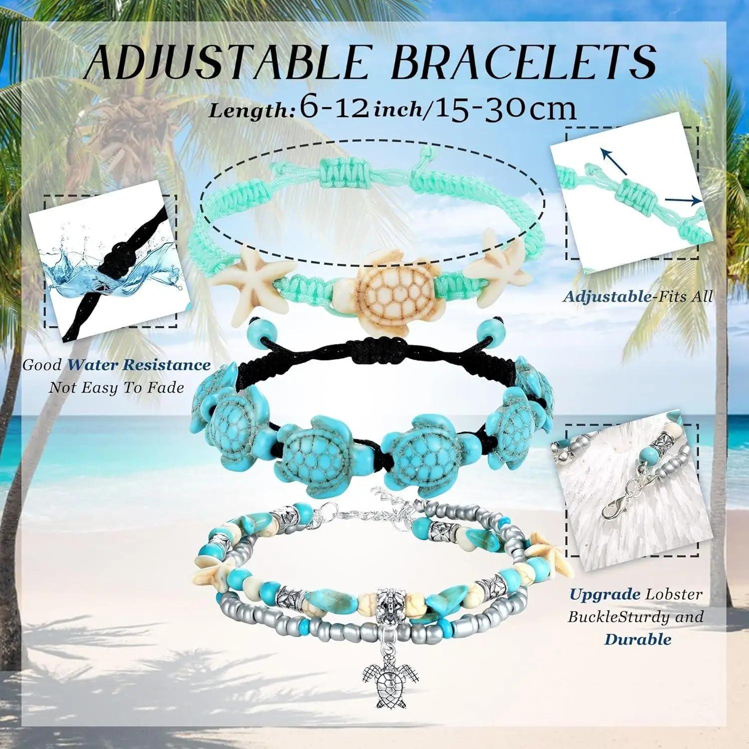 10PCS Turtle Ankle Bracelets for Women Men Waterproof Handmade Starfish Sea Turtle Bracelet Adjustable Boho Summer Beach Jewel