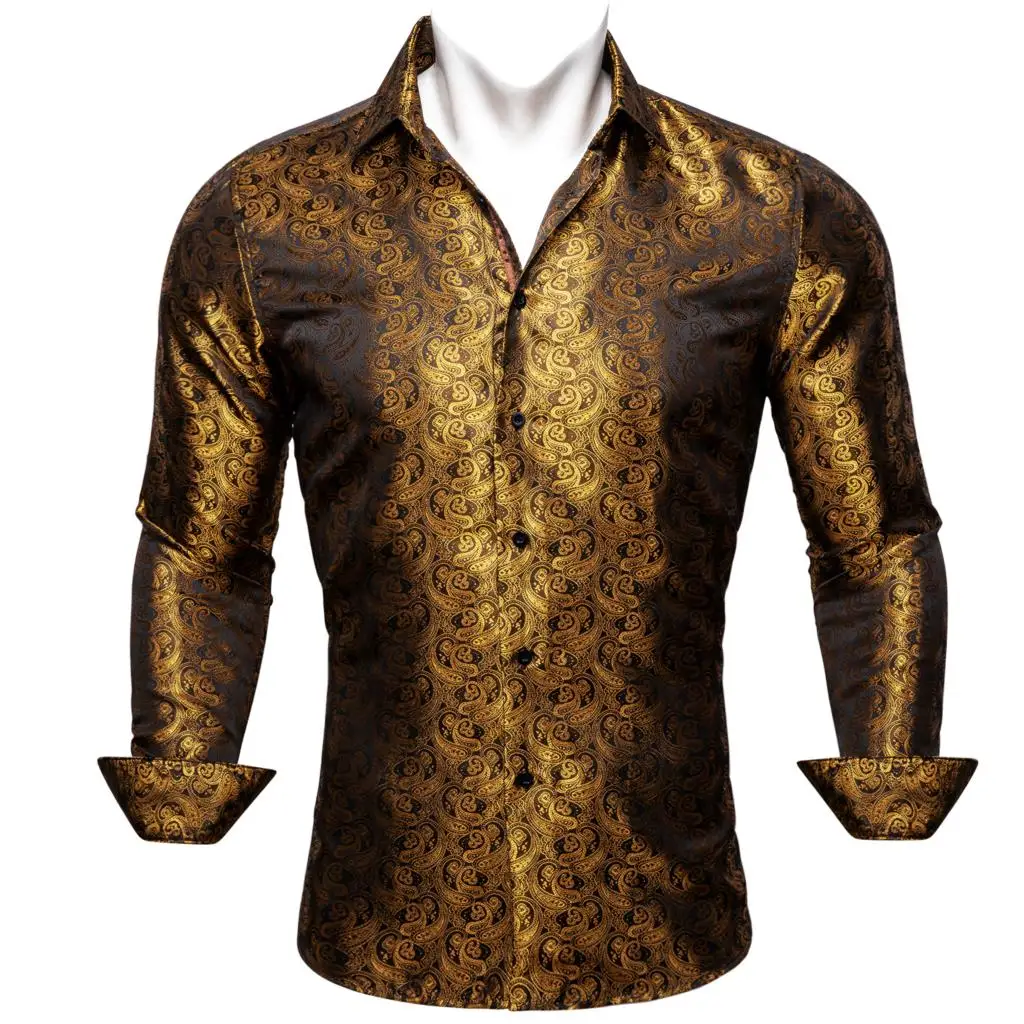 Designer Men's Shirts Silk Gold Embroidered Paisley Flower Long Sleeve Casual Blouses Slim Fit Clothing Lapel Tops Barry Wang