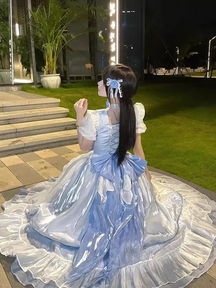 Blauwe Volwassen Jurk Grote Bloem Bruiloft Lolita Jurk Op Lolita Prachtige Vluchtende Pluizige Staart Prinses Jurk