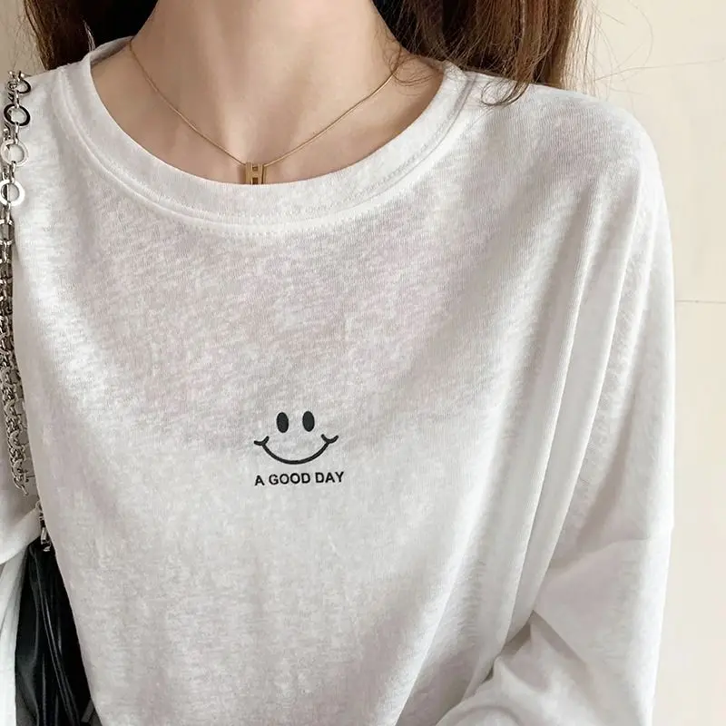 Summer New White Ice Silk Letter Print Thin T Shirts Long Sleeve Solid Color Loose Casual Tops Tees Fashion Trend Women Clothing