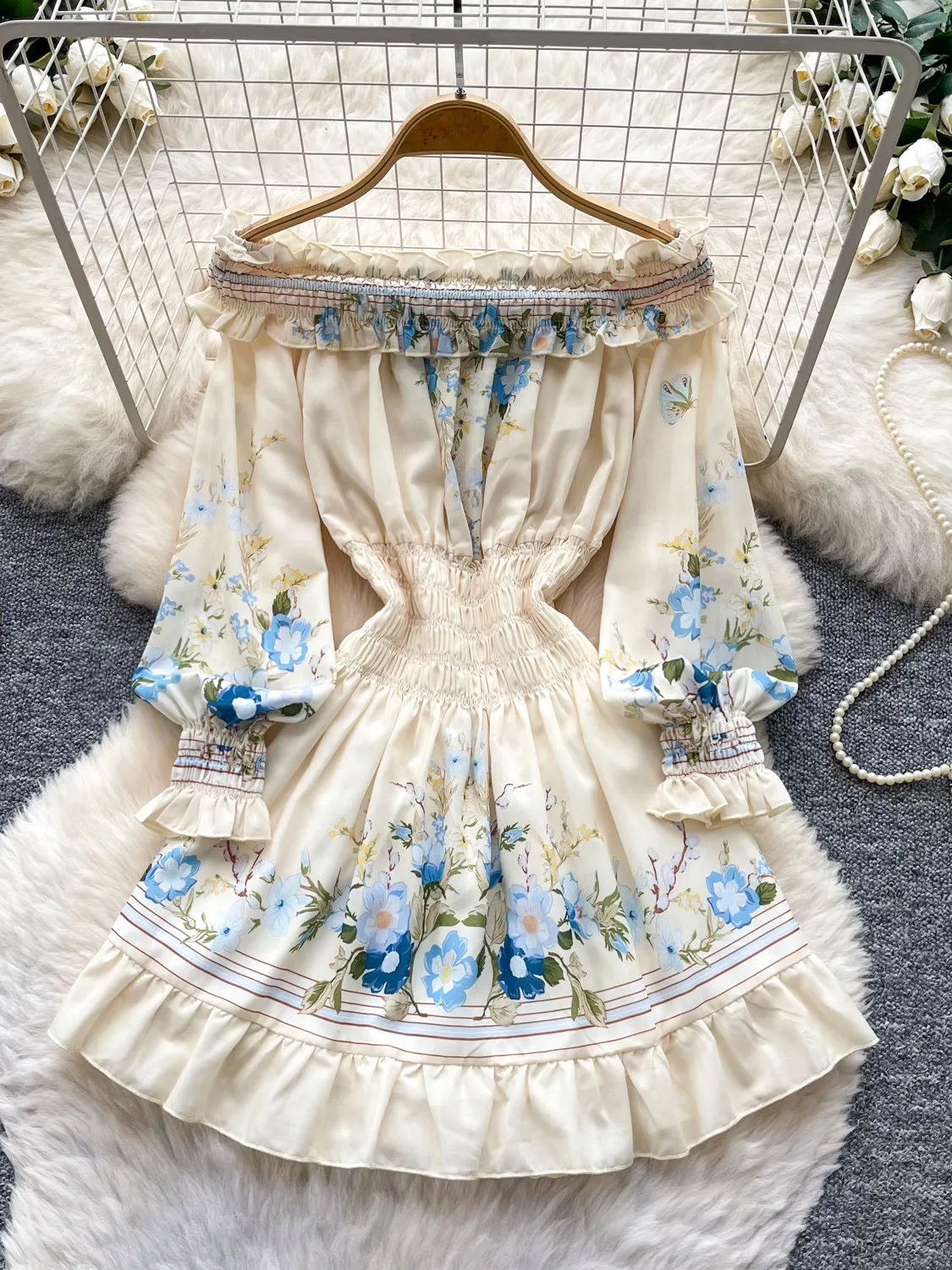 

French Stylish Apricot Off Shoulder Floral Print Dress Women Summer Tie Waist Slim Banquet Evening Gown Commute Dress Woman