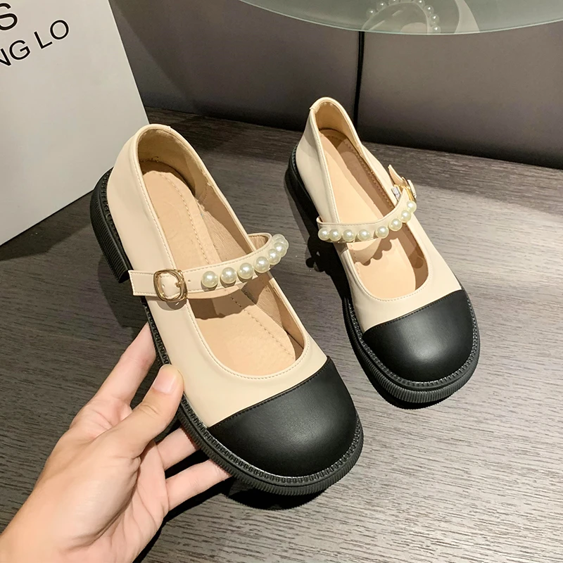 New Oxford Shoes for Women Lolita Shoes Woman Mary Janes Buckle Strap Square Mid Heels Round Toe String Bead Loafers Plus Size