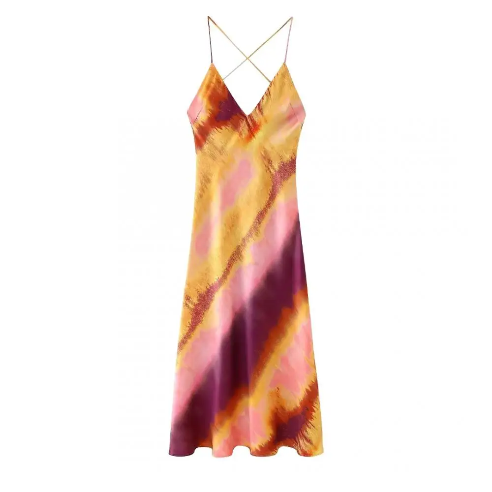 

Women Tie-dye Sexy V Neck Camisole Dresses Backless Satin Long Dress Sleeveless Spaghetti Strap Vestidos for Club Beachwear