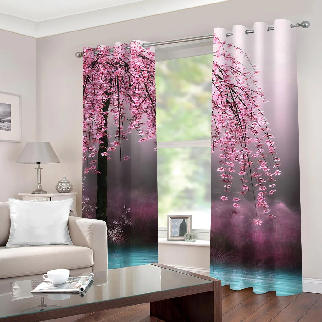 HUANZHUANG Curtains For Houses Rooms Pink Flower Tree Print Curtains Living Room Drapes Window Curtains Bedroom Accessories 2