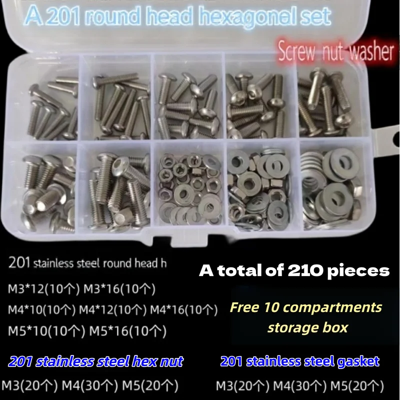 210/300/480pcs 304stainlesssteelhex Button Socket Cap Screw Hexagon Thread Machine Metric Nut Bolt Assortment Kit Set M3~m6