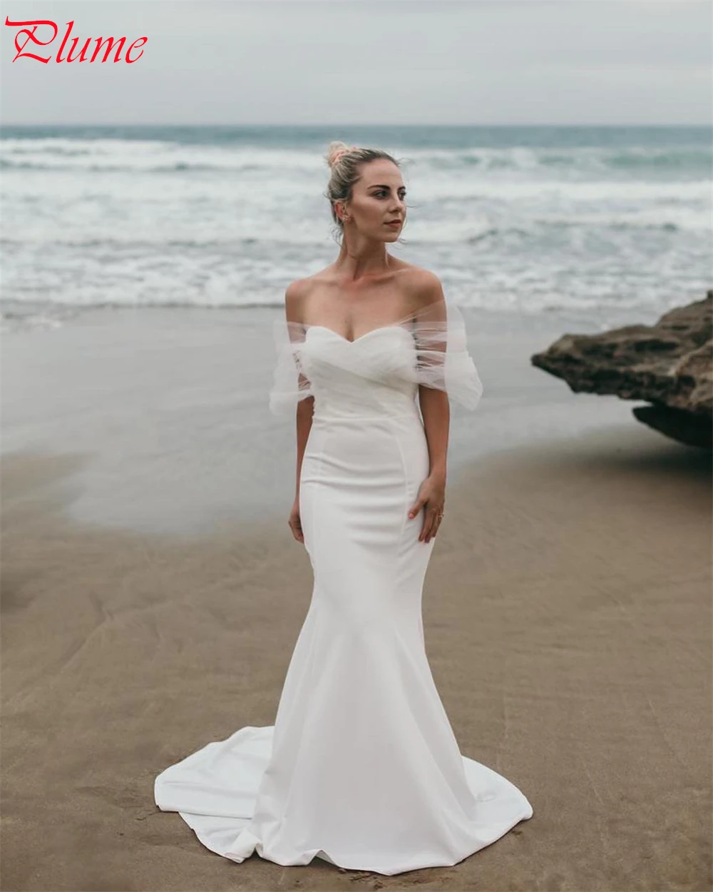 Personalizado branco jérsei vestidos de noiva temperamento sem alças fora do ombro vestido de casamento capela trem zíper voltar vestido sereia