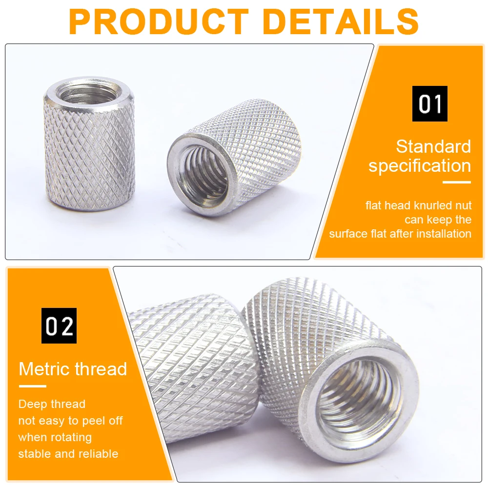 JUIDINTO 1-5pcs Knurled Round Coupling Nut M3 M4 M5 M6 M8 M10 M12 M14 M16 Stainless Steel Extended Cylindrical Flat Head Knurled