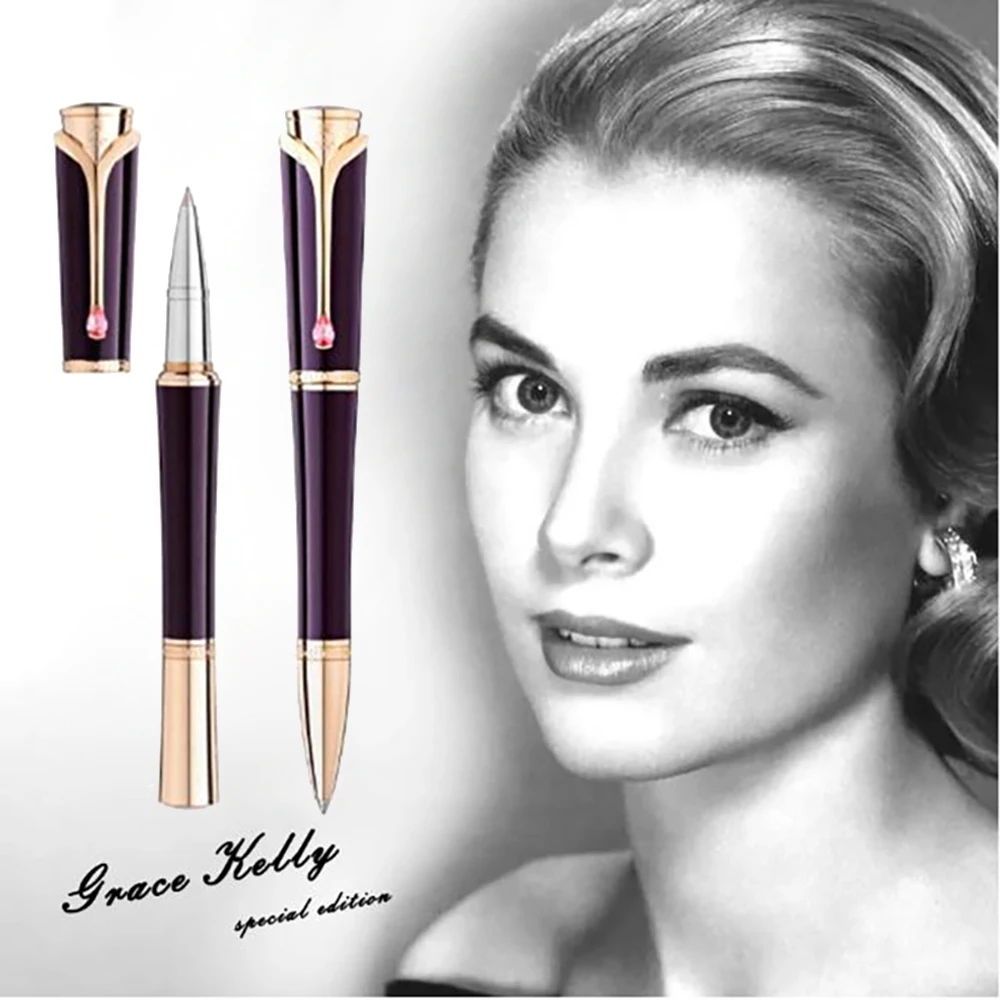 Luxury M Grace Kelly Dark Purple Rollerball Ballpoint Pen Gift With Teardrop Shape Diamond Stone Clip Writing Smooth