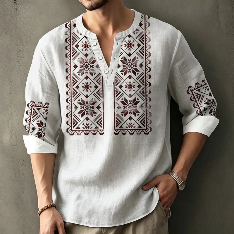 Men's shirt retro ethnic style printed shirt casual loose bohemian vacation shirt street style personalized trend casual shirt