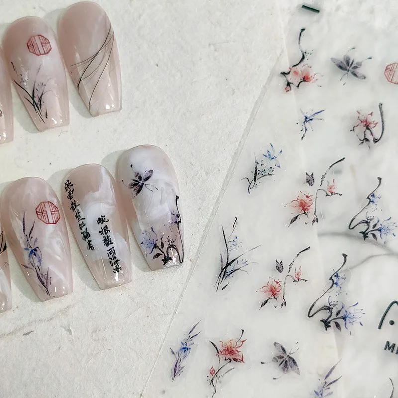 Ancient Chinese Orchid Bamboo Vintage Blue Red Water Ink Butterfly Retro Flower 3D Self Adhesive Nail Art Sticker Manicure Decal