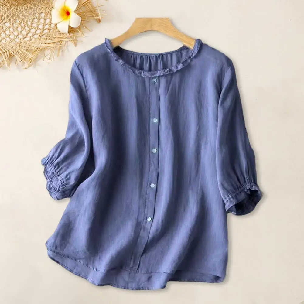 Round Neck Top Solid Color Ruffle Trim Three-quarter Sleeve Women's Blouse Loose Fit Round Neck Shirt with Button Detail Women