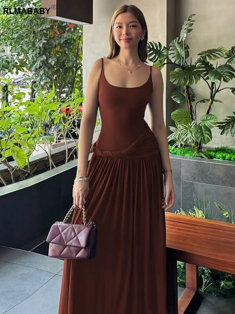 RLMABABY مثير السباغيتي حزام عارية الذراعين الملتوية Ruched المرأة Bodycon فستان طويل بلا أكمام منخفضة الرقبة الشارع الشهير غمد فستان ماكسي #3