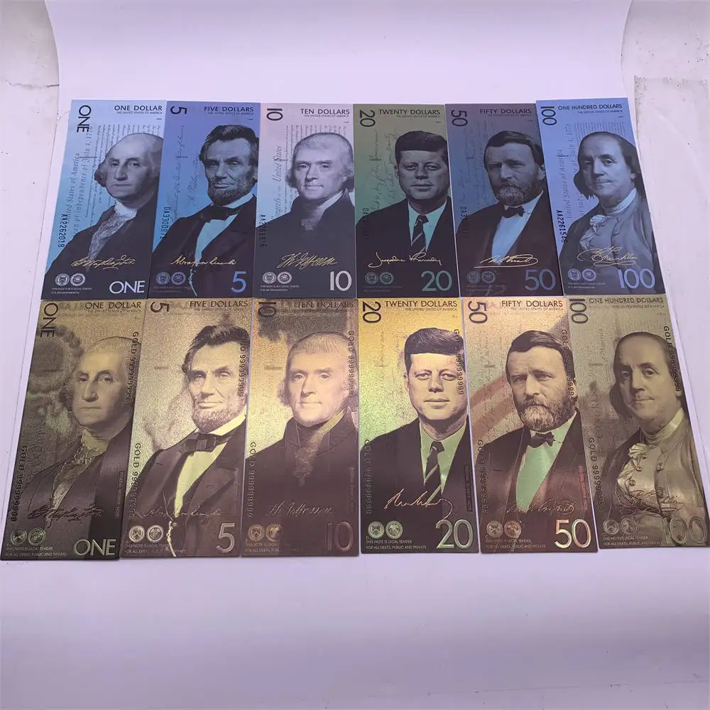 أوراق نقدية تذكارية برقائق ذهبية ، جمع فواتير الدولار ، دولار واحد ، 5 دولارات ، 10 دولارات ، 20 دولارًا ، 50 دولارًا ، دولار أمريكي ، أمريكي ، رئاسي ، 6 الكثير