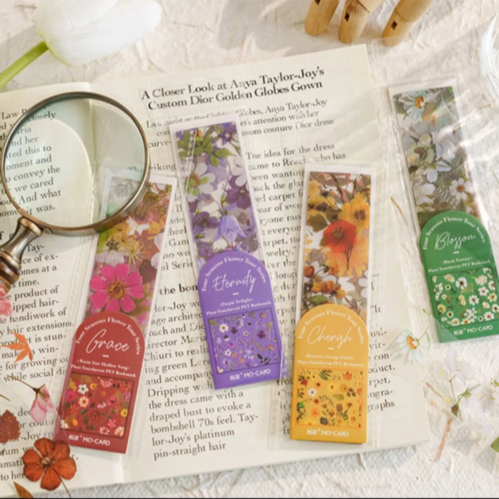 5pcs Translucent Four Seasons Flower Travel Series Bookmark PVC Reading Book Mark Natural Plant Bookmark Stationery Supplies