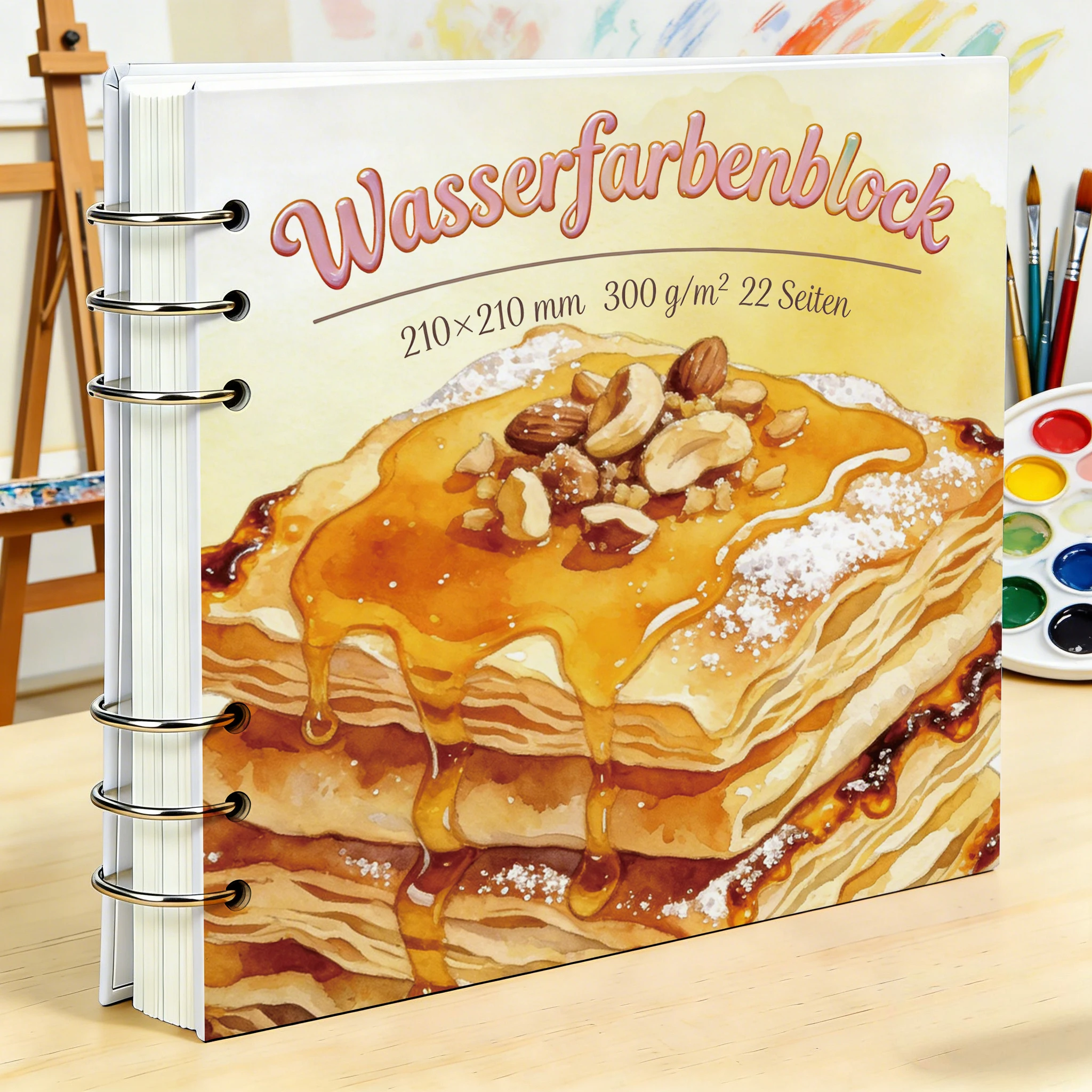 Professional Watercolor Sketchbook 210×210 mm, 300 GSM Rough Paper, Removable Metal Rings, Hand-Painted Honey Pancake Cover, 22
