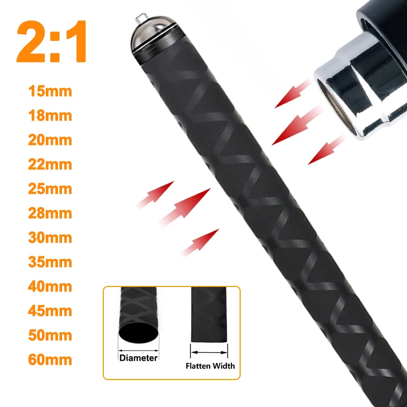 1M Schwarzer 2:1 Schrumpfschlauch 15mm - 60mm für DIY Angelruten, rutschfeste Isoliergriffummantelung, schützende Anti-Rutsch-Schrumpfkabelhülle