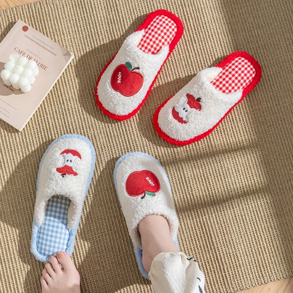 

Sandal Grid Stripe Cute Plush Slippers Thick Sole Non-Slip Fruit Plush Slippers Casual Silent Home Wear Shoes Home