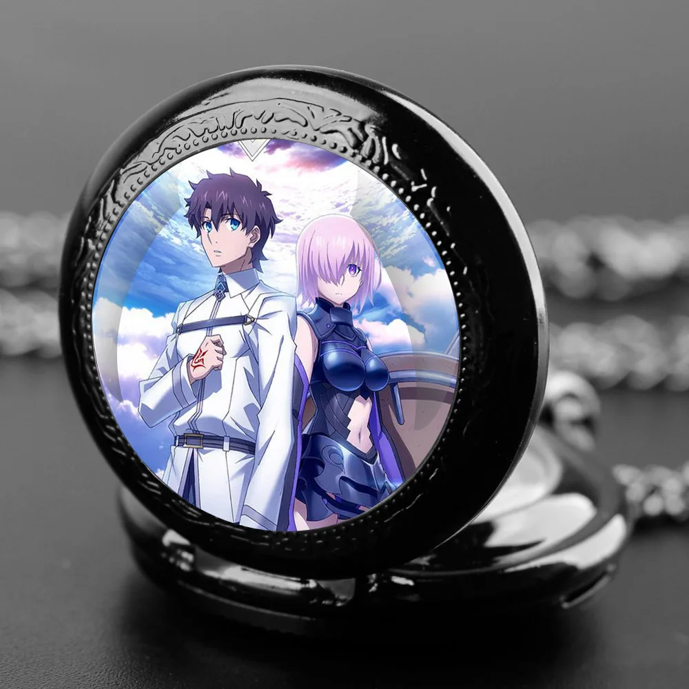 Fate Grand order Glass Dome Vintage Arabic Numerals Quartz Pocket Watch Necklace Pendant Clock Chain Men Women for Anime Lover