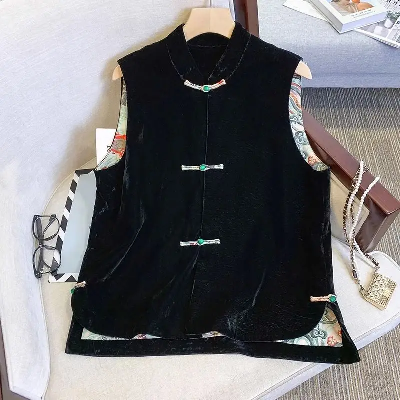 Chinese Style Rongbuk Vest stand-up Collar Buckle Top Black Jacket with Slit Vest Autumn and Winter Fashion Women's Coat