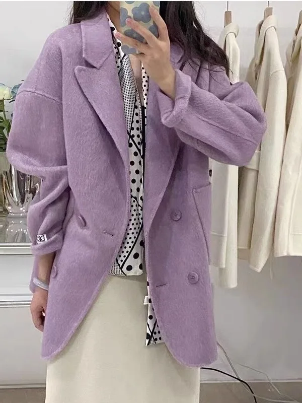 [EWQ] Korean Loose Long SleeveTurn-down Collar Solid Woolen Coats Women Double-faced Cashmere Coat Winter 2024 Autumn 16O1639