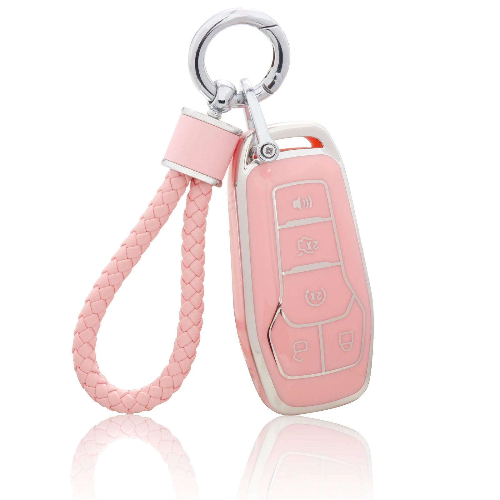 for Ford Key Fob Cover with Keychain, Pink Soft TPU Key Case Protection Fit for F150 Explorer Mustang Edge Lincoln MKZ MKX MKC