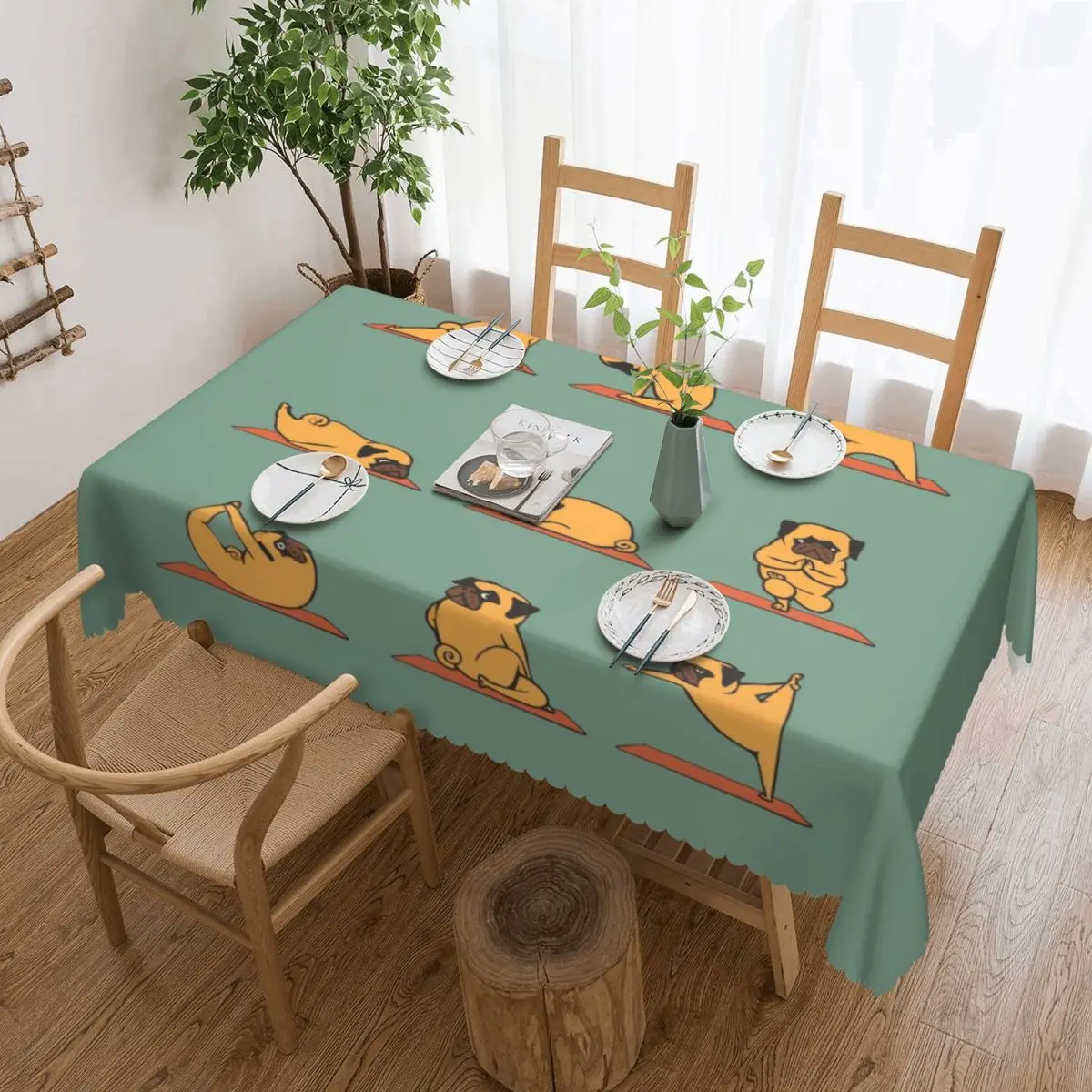 Pug Yoga Custom Rectangular Waterproof Oilproof Tablecloth Table Cover for Dining Events Festival Party Decorations Table Cloth