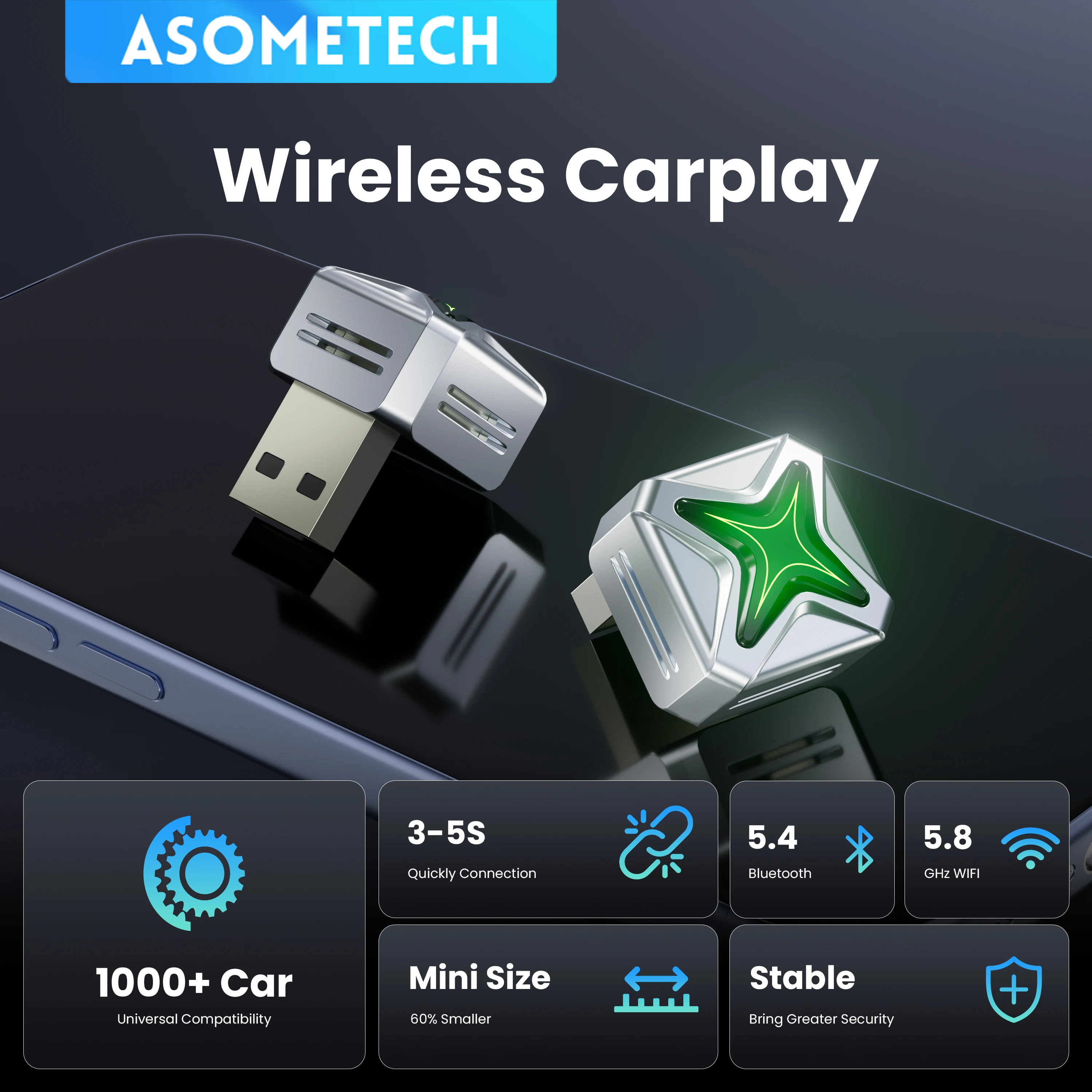 Wireless CarPlay Android Auto USB Adapter High-Quality Car Accessory Smart Mini Box Plug Play 5GHz WiFi Type-C/USB-A