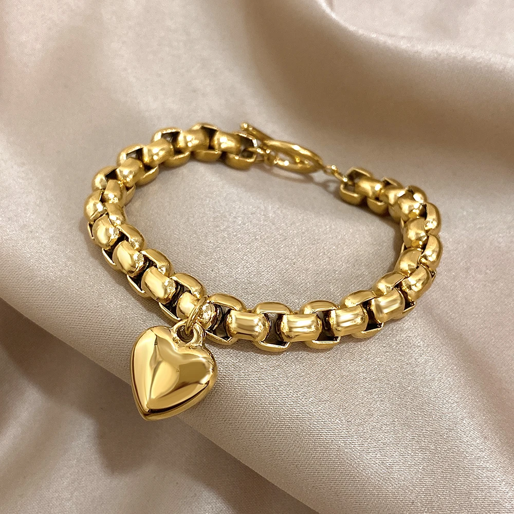 Punk Chunky Thick Chain Stainless Steel Bracelets for Women Fashion Gold Plated OT Buckle Love Heart Pendant Wrist Jewelry Gift