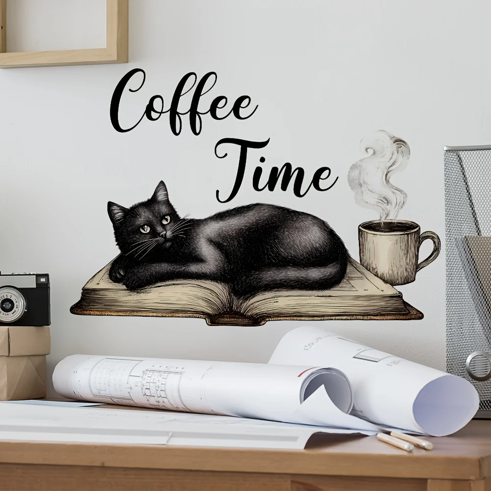 1 pegatina de pared con diseño de gato negro encantador y humorístico, con temática de libro y la frase "Coffee Time", autoadhesiva de PVC para decoración del hogar, adecuada para oficina, cafetería, sala de estudio, armario, sala de estar, dormitorio, comedor, baño, entrada, puertas y ventanas, y decoración de paredes, crea fácilmente un espacio cálido y divertido, un regalo creativo y pensativo para familiares, amigos y seres queridos.